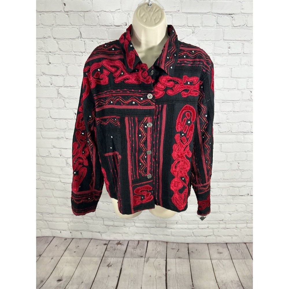 Chicos Black Red Velvet Accents Sequined Beaded Long Sleeve Top Button Up M
